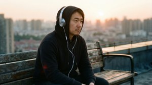 莫關山在夕陽下的屋頂上聽著音樂。 — 19天 壁紙