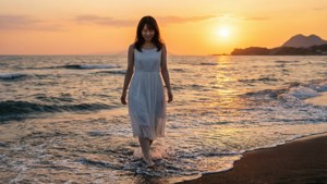櫻島麻衣在夕陽海灘上的浪漫桌布。 — 櫻島麻衣 壁紙