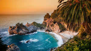 熱帶海灘上的夕陽，碧綠的海水和棕櫚樹。 — 海灘日落 壁紙