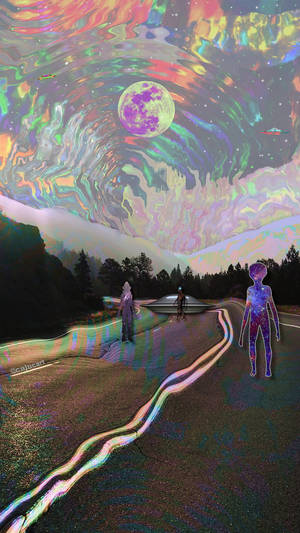 外星人在一條道路上，下方是色彩繽紛的宇宙天空，有發光的月亮。 — 迷幻酷炫 壁紙