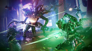 外星戰士在霓虹燈科幻環境中用發光武器戰鬥。 — 天命2 壁紙