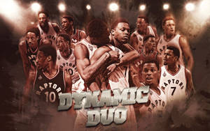 多倫多暴龍隊籃球運動員以動態姿勢呈現，帶有「Dynamic Duo」文字。 — 湯姆貓與傑利鼠 iPhone 壁紙