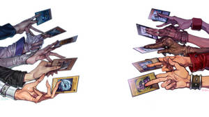 兩組插圖手拿著遊戲王卡牌，彼此面對面。 — 庫洛魔法使 壁紙