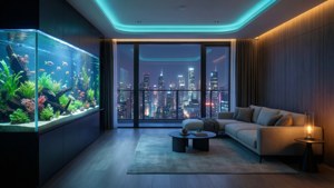 未來風格的夜城頂層公寓內部，設有全息水族箱與霓虹邊緣燈光 — 電馭叛客2077 壁紙