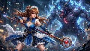 小櫻在夜晚使用封印杖與怪物戰鬥。 — 庫洛魔法使 壁紙
