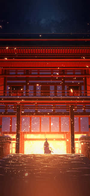 夜晚櫻花飄落下，發光神社前的武士剪影 — 動漫 壁紙