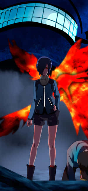夜晚，站在發光拱門下、擁有火焰翅膀的動漫女孩。 — Pixel 8a 壁紙