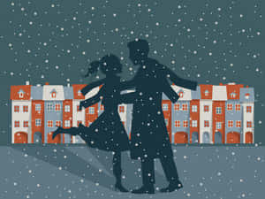 情侶在雪中跳舞，背景是色彩繽紛的建築物 — 情侶 壁紙