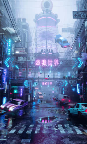 夜晚未來城市街道，霓虹燈招牌和漂浮的汽車在濕漉漉的路面上。 — Tecno Megapad 壁紙