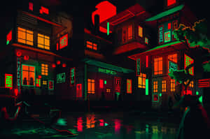 夜晚霓虹燈照亮賽博龐克街道，潮濕路面反射發光招牌。 — 像素藝術 壁紙