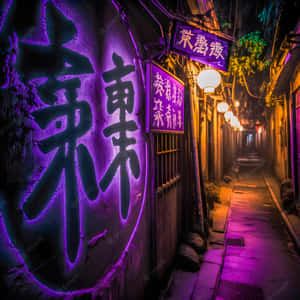 夜晚狹窄的小巷，被紫色霓虹燈招牌和發光的燈籠照亮。 — 日式 壁紙