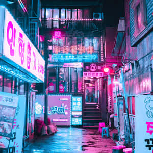 鮮豔的霓虹招牌照亮了夜晚濕漉漉的城市小巷。 — 霓虹藍美學 壁紙