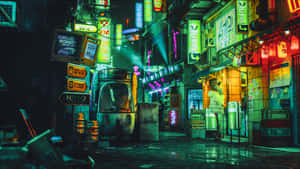 夜晚霓虹燈照亮的城市小巷，濕漉漉的路面和發光的招牌。 — 7680x4320 壁紙