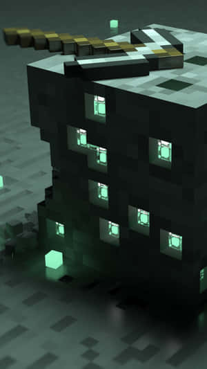 夜晚中，一座黑暗的像素化建築，帶有發光的窗戶和頂部的劍。 — 電玩遊戲 GIF 壁紙