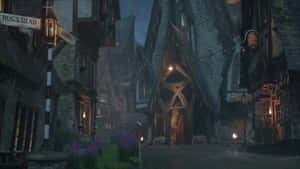 奇幻村莊的雨夜場景，閃爍的燈籠和 Hog's Head 酒吧的招牌。 — 霍格華茲 GIF 壁紙