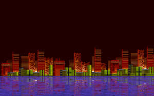 像素藝術城市景觀，夜晚發光建築物倒映在水中。 — 遊戲 壁紙