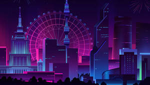 霓虹燈照亮的天際線，夜晚的摩天輪和煙火。 — 暗黑美學電腦 壁紙