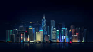 霓虹燈摩天大樓在漆黑的夜空下倒映在水中。 — Studio Display 壁紙