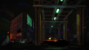 夜晚喺霓虹燈照亮嘅城市小巷橋下嘅一架被遺棄嘅汽車。 — 昏暗 壁紙