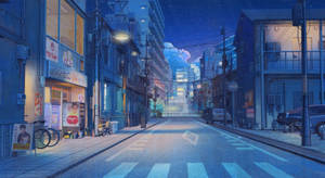 夜晚寧靜的日本城市街道，發光的招牌和濕漉漉的人行道反射著星星。 — 復古90年代風格 壁紙