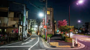 日本夜晚街道，有櫻花樹和發光的街燈。 — 城市燈光 壁紙