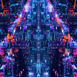 夜晚對稱的未來城市，帶有霓虹燈和鏡面反射。 — 故障 壁紙