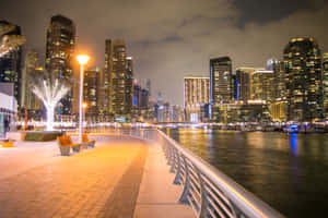 夜晚的城市海濱，燈火通明的摩天大樓和帶長椅的彎曲步道。 — MacBook Pro M2 壁紙