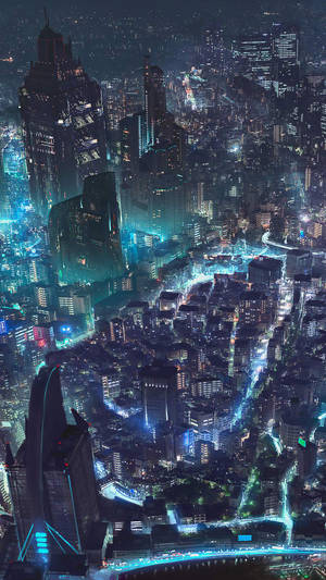 夜晚未來城市景觀，閃爍的霓虹燈和高聳的摩天大樓。 — 電玩遊戲 GIF 壁紙