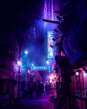 夜晚東京霓虹燈照亮的小巷，行人在發光招牌下行走。 — 城市燈光 壁紙