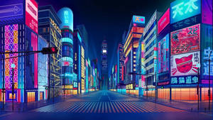 夜晚東京的霓虹燈街道，閃爍的招牌和空蕩的道路。 — 紫色動漫美學 壁紙