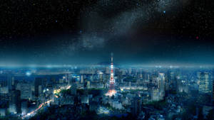 夜晚東京城市景觀，燈火通明的建築和星空，上方有銀河。 — 東京喰種風格 壁紙