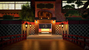紅色木橋通往夜晚的傳統日本茶室，伴有發光燈籠。 — 幽遊白書 壁紙