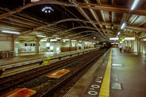 夜晚的火車站月台，有軌道和一名孤獨的人正在走遠。 — 地鐵 壁紙