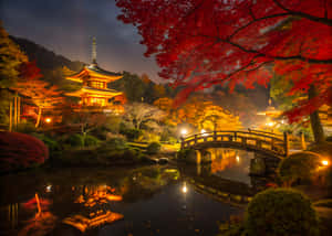 夜晚點亮的日本寺廟，秋樹和水上的石橋 — 城市風景 壁紙
