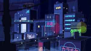 夜晚的像素化霓虹燈城市，有雨和發光的招牌。 — 像素藝術 壁紙