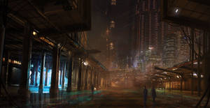 兩個人在雨夜中穿過霓虹燈照亮的未來地下通道。 — 電馭叛客2077 壁紙