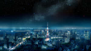 夜晚的東京城市景觀，燈火通明的建築物和帶有銀河的星空。 — iMac 壁紙