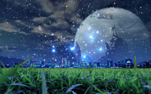 星空下閃爍的城市天際線和巨型月亮的草地 — 湖泊 壁紙