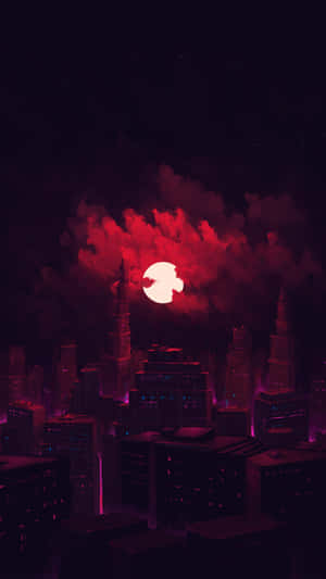 一輪發光的紅月升起在未來主義城市上空，夜晚伴隨著紫色燈光和烏雲。 — 最佳黑暗 壁紙