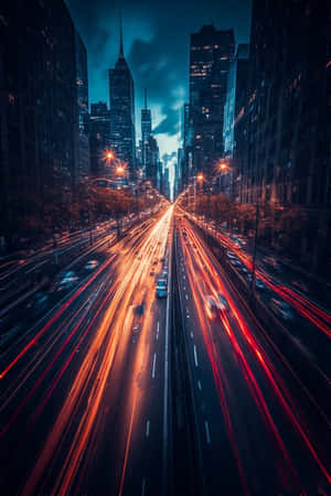 夜晚繁忙城市街道的鳥瞰圖，車燈在高樓之間形成條紋。 — 城市風景 壁紙