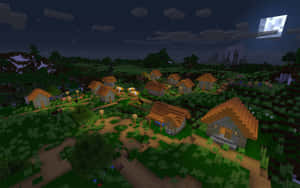 星空下夜晚的Minecraft村莊，有發光的燈籠和石屋。 — 我的世界 壁紙