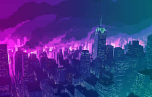 夜晚未來主義的城市天際線，建築物在紫色和藍綠色天空下發光。 — 普罗米亚 壁紙