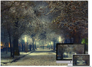 夜晚積雪公園小徑，閃爍街燈與霜凍樹木。 — 夜晚 壁紙