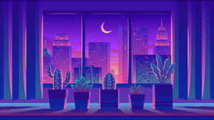 夜晚透過窗戶看到的紫色和粉紅色霓虹燈城市景觀與盆栽仙人掌。 — 奇妙人生 壁紙