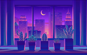 透過窗戶看到的霓虹城市景觀夜景，配有盆栽仙人掌和多肉植物。 — 霓虹紫 壁紙