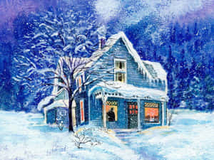 雪覆蓋的藍色小屋，夜晚窗戶透出溫暖燈光。 — 冬季美學 壁紙
