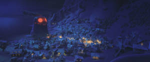 夜晚雪覆蓋的山村，窗戶發光，紅色發光結構。 — 昏暗 壁紙