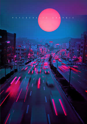 夜晚霓虹燈街道，車燈劃過，一個發光的粉紅色太陽。 — 霓虹城市動態圖 壁紙