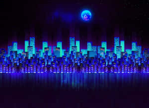 夜晚霓虹燈城市天際線，發光建築物同天空嘅卡通月亮。 — 音速小子 壁紙