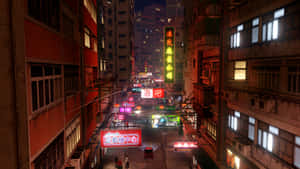 夜晚城市小巷，由發光霓虹招牌和街燈照亮。 — 電玩遊戲 GIF 壁紙
